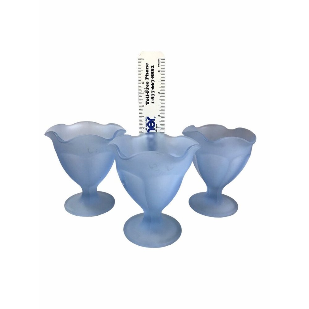 (4) Vintage Blue Frosted Dessert Goblet Sherbet Parfait Dishes Tulip Style Set 4